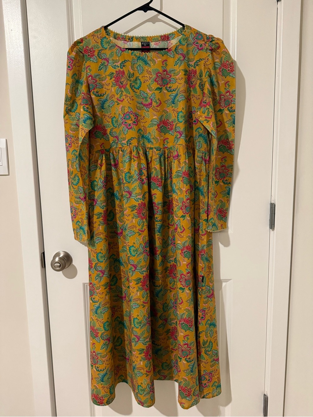 EGO Mustard Floral Maxi Dress with Pink & Green Florals • Large • Full Sleeves